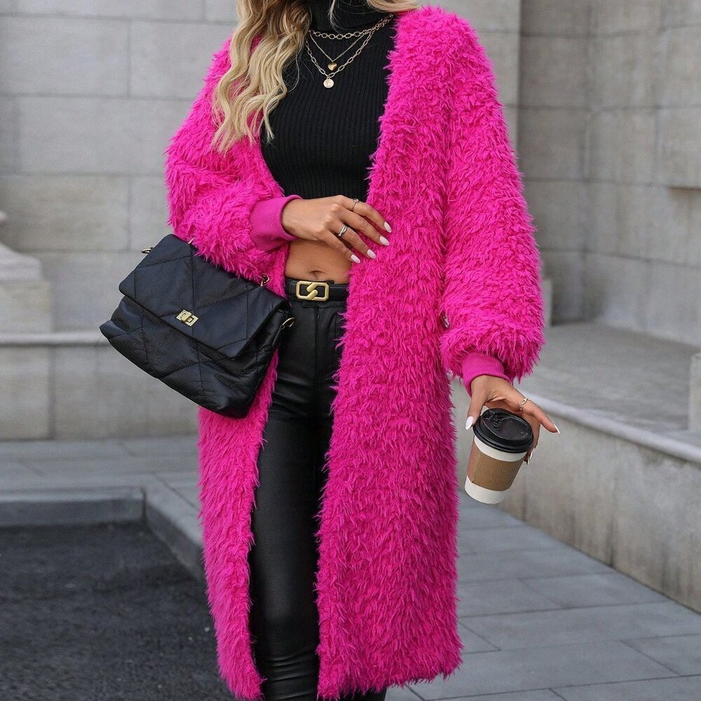 Hot Pink Casual Women's Mid-Length Faux Mink Fur Coat